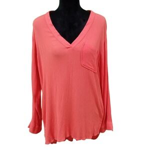 Mynah Orange Crinkle Knit V Neck Long Sl Tunic Rayon Hi Low Legging Top